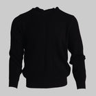 A black ribbed knit sweater with a crew neck, displayed on a neutral gray background.
