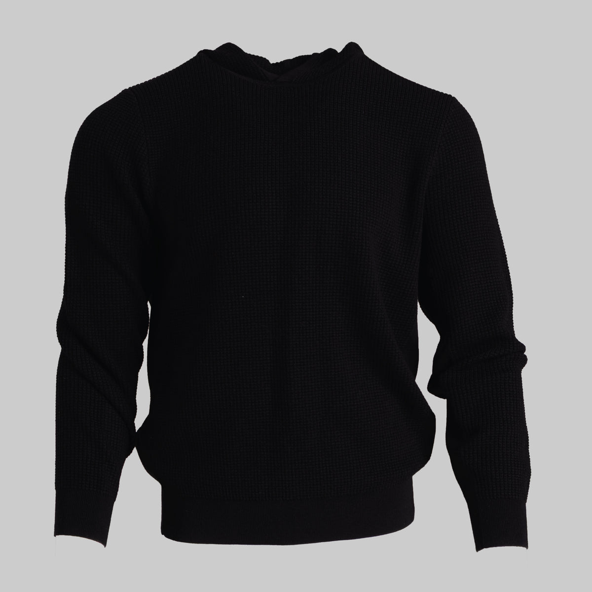 A black ribbed knit sweater with a crew neck, displayed on a neutral gray background.
