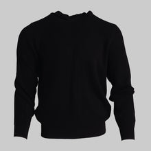 A black ribbed knit sweater with a crew neck, displayed on a neutral gray background.